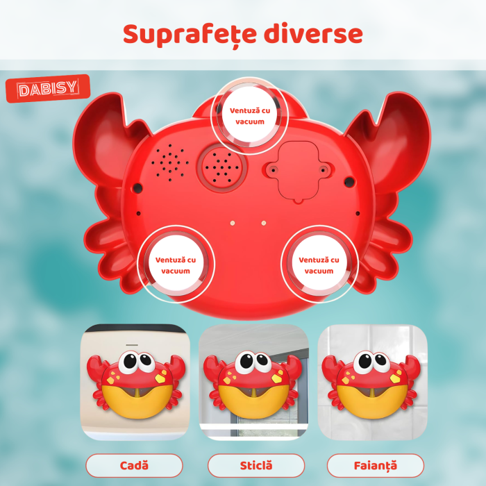 Jucarie de baie pentru copii, DABISY, model CRAB, automata, cu muzica si ventuze, 12 melodii, jucarie interactiva pentru baie, cadou 3-6 ani, rosu [5]