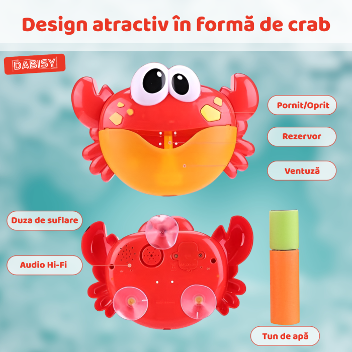 Jucarie de baie pentru copii, DABISY, model CRAB, automata, cu muzica si ventuze, 12 melodii, jucarie interactiva pentru baie, cadou 3-6 ani, rosu [7]
