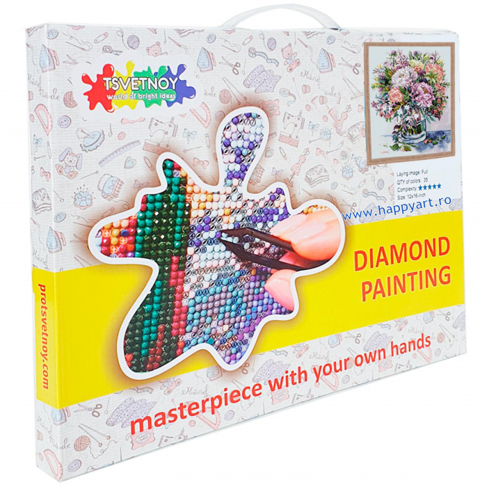 Kit goblen cu diamante, cu sasiu, Buchet cu bujori si ierburi in culori liliachi, 40X50 cm, diamante rotunde, 25 culori, nivel avansat, LG026 [4]