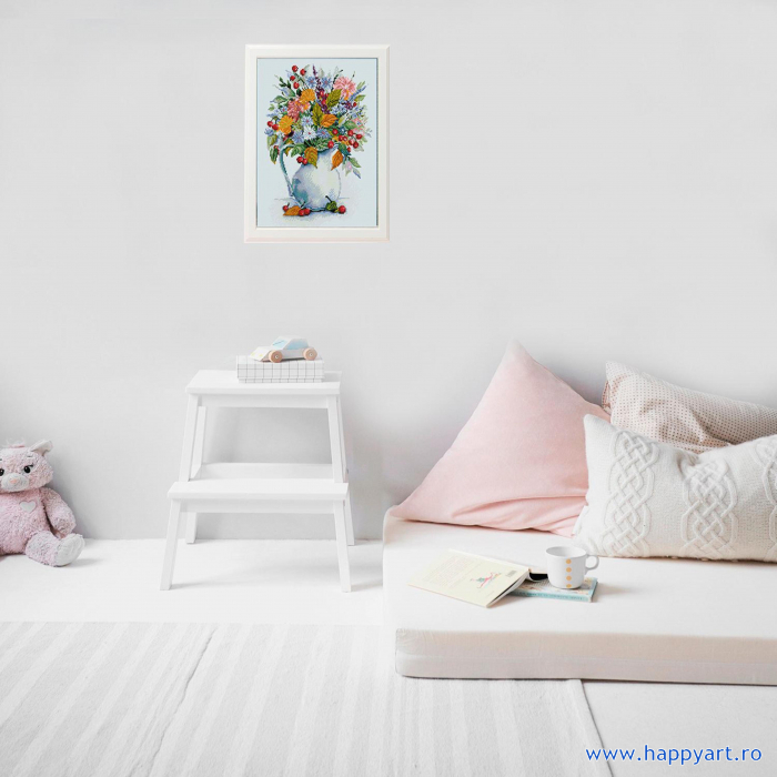Kit goblen cu diamante, cu sasiu, Buchet cu papadii si fructe de padure, 40X50 cm, diamante rotunde, 28 culori, nivel avansat, LG024 [5]