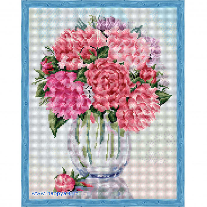 Kit goblen cu diamante, cu sasiu, Bujori, 40X50 cm, diamante rotunde, 19 culori, nivel avansat, LG029 [2]