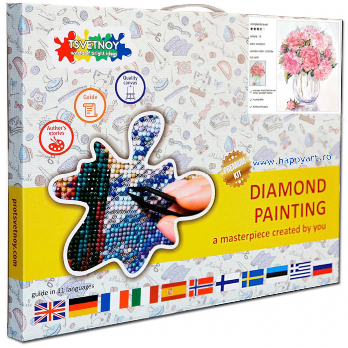 Kit goblen cu diamante, cu sasiu, Bujori, 40X50 cm, diamante rotunde, 19 culori, nivel avansat, LG029 [6]