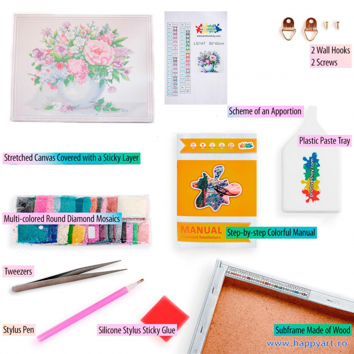 Kit goblen cu diamante, cu sasiu, Flori delicate in vaza, 40X50 cm, diamante rotunde, 34 culori, nivel avansat, LG147 [2]