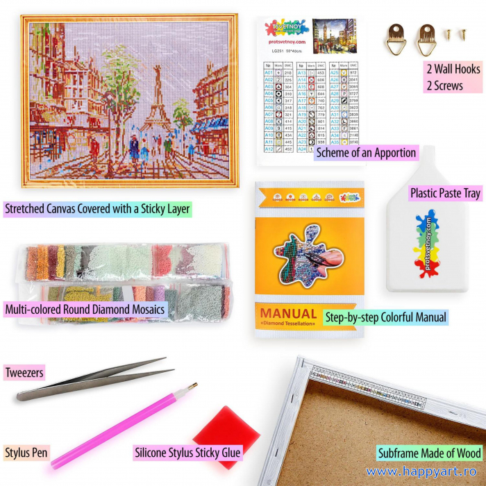 Kit goblen cu diamante, cu sasiu, Impresionantul Paris, 40X50 cm, diamante rotunde, 34 culori, nivel avansat, LG252 [4]