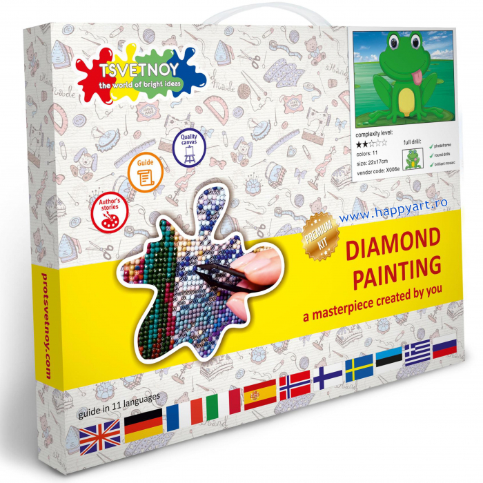 Kit goblen cu diamante, cu sasiu, Broscuta amuzanta, 17X22 cm, diamante rotunde, 11 culori, nivel incepator, X006 [3]