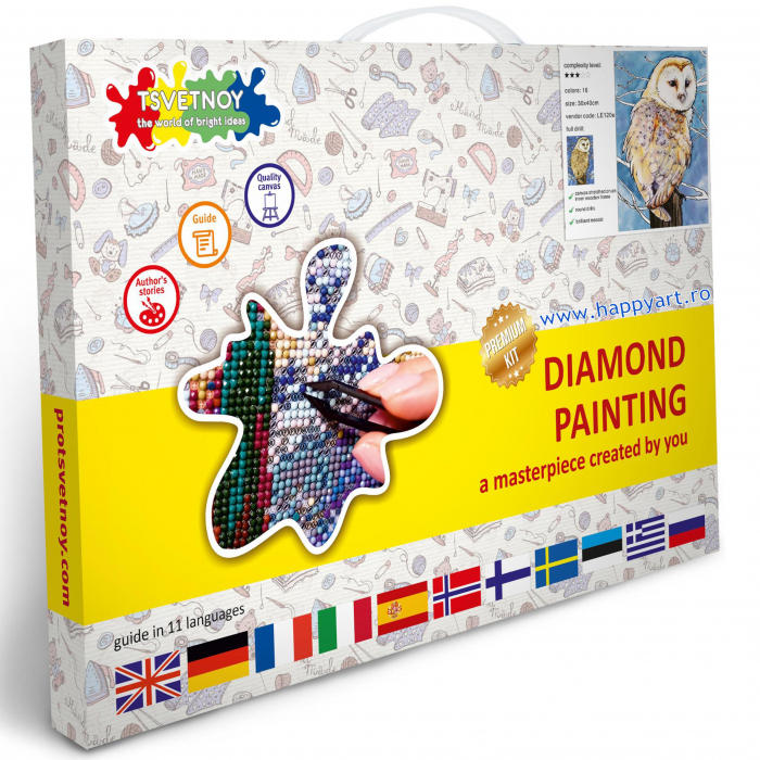 Kit goblen cu diamante, cu sasiu, Bufnita de hambar, 30X40 cm, diamante rotunde, 16 culori, nivel mediu, LE120 [3]