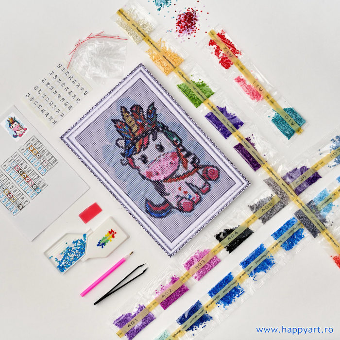 Kit goblen cu diamante, cu sasiu, Micul unicorn indian, 20X30 cm, diamante rotunde, 24 culori, nivel mediu, LC044 [6]