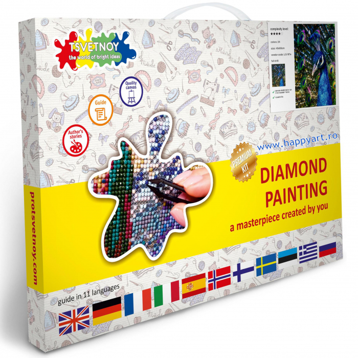 Kit goblen cu diamante, cu sasiu, Paun, 40X50 cm, diamante rotunde, 24 culori, nivel avansat, LG187 [2]