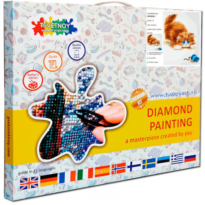 Kit goblen cu diamante, cu sasiu, Pisica & Soricel, 30X40 cm, diamante rotunde, 20 culori, nivel mediu, LE073 [9]