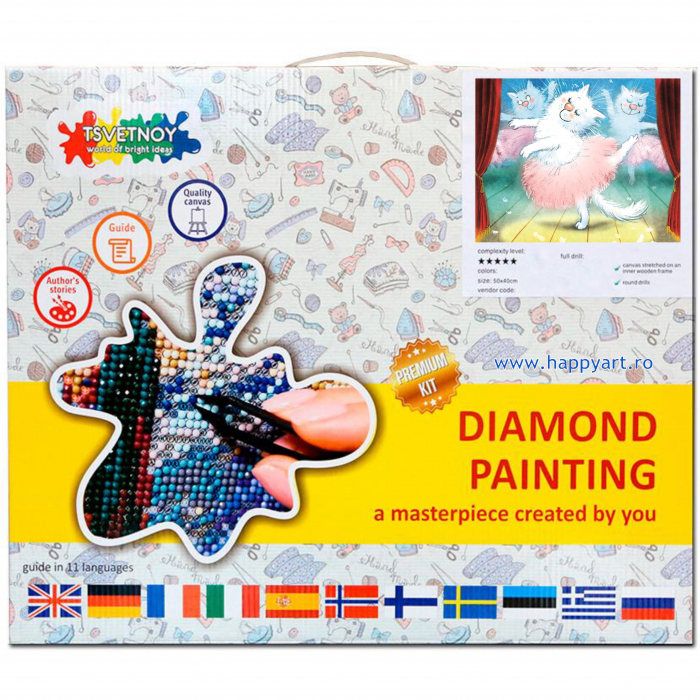Kit goblen cu diamante, cu sasiu, Pisici - Balerine, 40X50 cm, diamante rotunde, 30 culori, nivel avansat, LG272 [3]