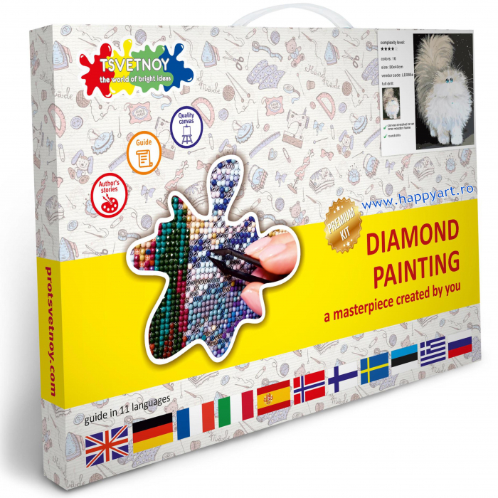 Kit goblen cu diamante, cu sasiu, Pisicuta pufoasa, 30X40 cm, diamante rotunde, 16 culori, nivel avansat, LE085 [3]