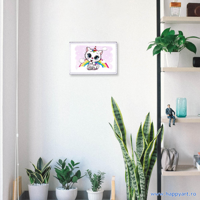 Kit goblen cu diamante, cu sasiu, Pisoi unicorn dragut, 20X30 cm, diamante rotunde, 19 culori, nivel mediu, LC039 [3]