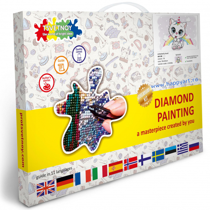 Kit goblen cu diamante, cu sasiu, Pisoi unicorn dragut, 20X30 cm, diamante rotunde, 19 culori, nivel mediu, LC039 [4]