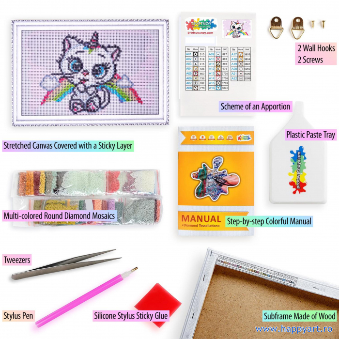 Kit goblen cu diamante, cu sasiu, Pisoi unicorn dragut, 20X30 cm, diamante rotunde, 19 culori, nivel mediu, LC039 [5]