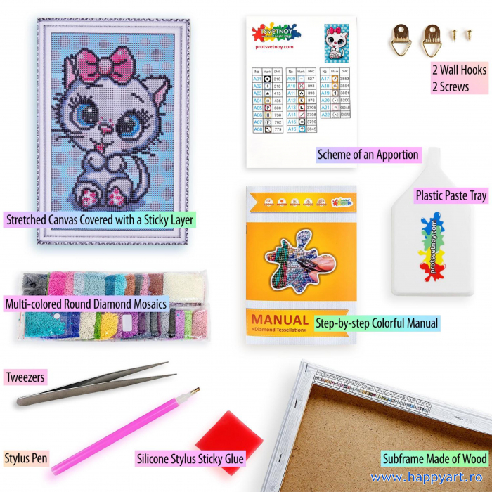 Kit goblen cu diamante, cu sasiu, Pisoi dragut, 20X30 cm, diamante rotunde, 24 culori, nivel mediu, LC040 [5]