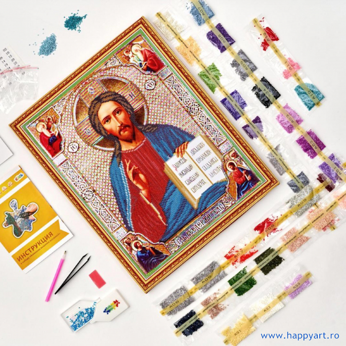 Kit goblen cu diamante, cu sasiu, Icoana Iisus Hristos, 40X50 cm, diamante rotunde, 17 culori, acoperire partiala, LGP025 [2]