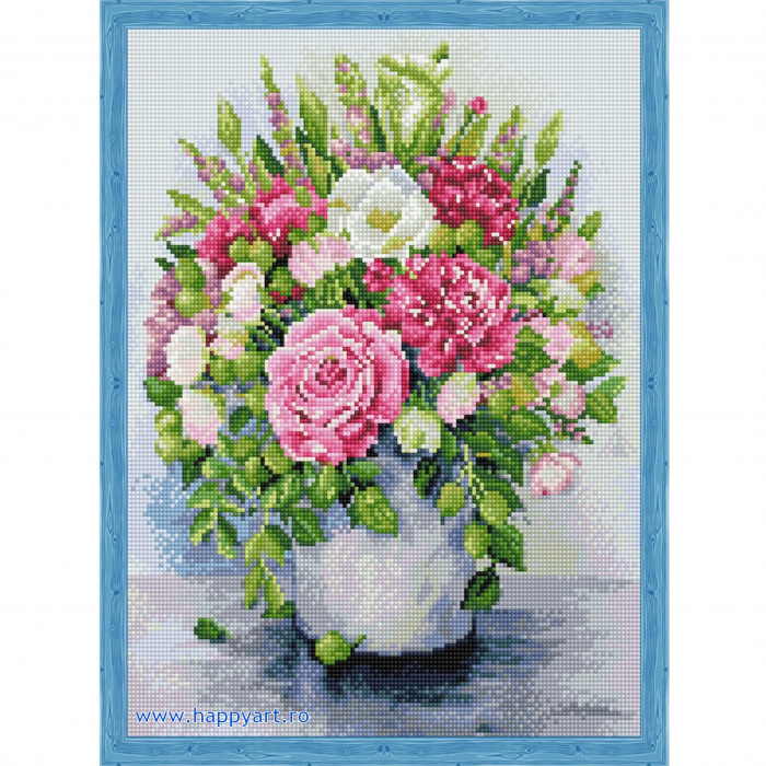 Kit goblen cu diamante, cu sasiu, Bujori in vaza, 40X50 cm, diamante rotunde, 31 culori, nivel avansat, LG025 [6]