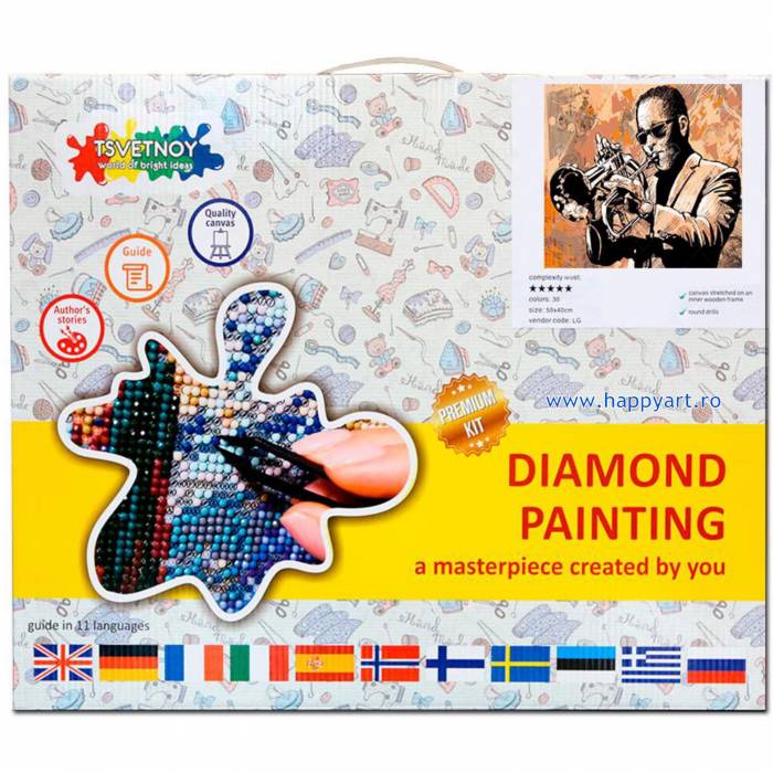 Kit goblen cu diamante, cu sasiu, Trompetist, 40X50 cm, diamante rotunde, 16 culori, nivel avansat, LG141 [3]