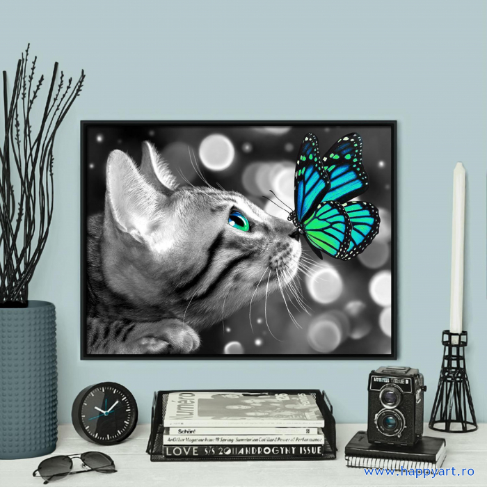 Kit goblen cu diamante, fara sasiu, Pisoi cu fluture, 40X30 cm, diamante patrate, 19 culori, nivel mediu, AM1789 [4]