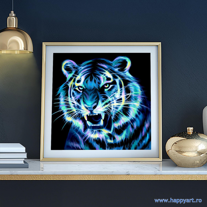 Kit goblen cu diamante, fara sasiu, Neon tiger, 25X25 cm, diamante patrate, 18 culori, nivel mediu, AM1868 [3]