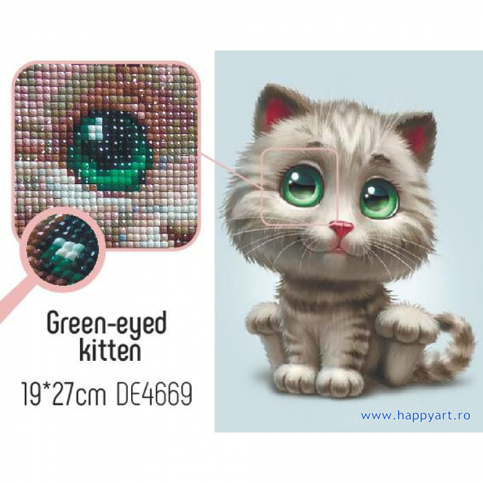 Kit goblen cu diamante, fara sasiu, Pisoi cu ochi verzi, 19X27 cm, diamante patrate, 23 culori, nivel mediu, DE4669 [2]