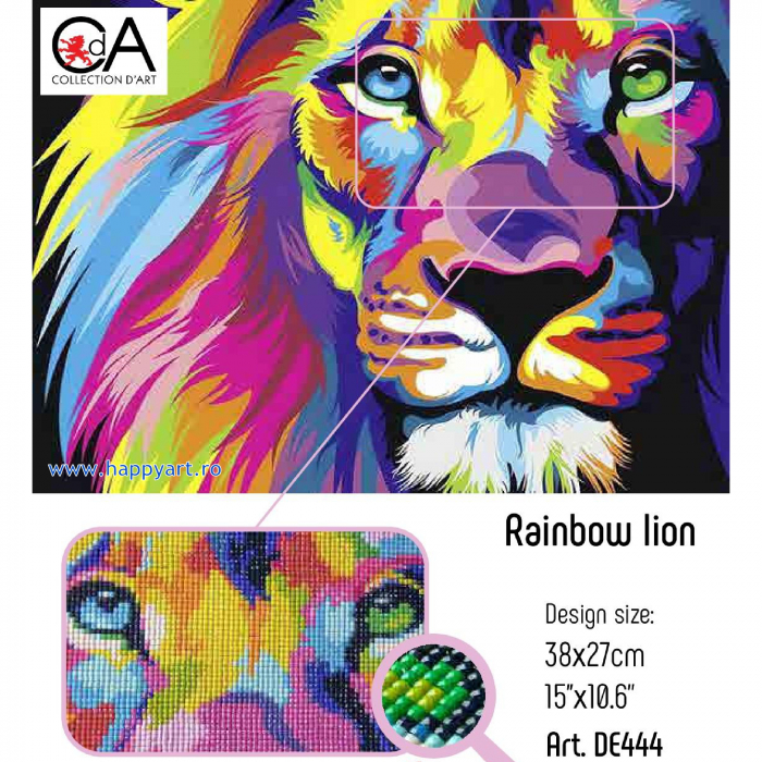Kit goblen cu diamante, fara sasiu, Leu curcubeu, 38X27 cm, diamante patrate, 19 culori, nivel mediu, DE444 [2]