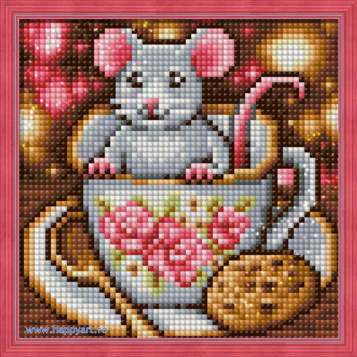 Kit goblen cu diamante, fara sasiu, Soricel in ceasca, 15X15 cm, diamante patrate, 20 culori, nivel incepator, AM1813 [2]