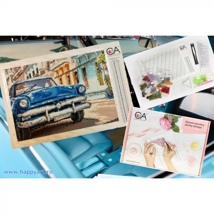 Kit goblen cu diamante, fara sasiu, Masina albastra, 38X27 cm, diamante patrate, 51 culori, nivel avansat, DE7024 [4]