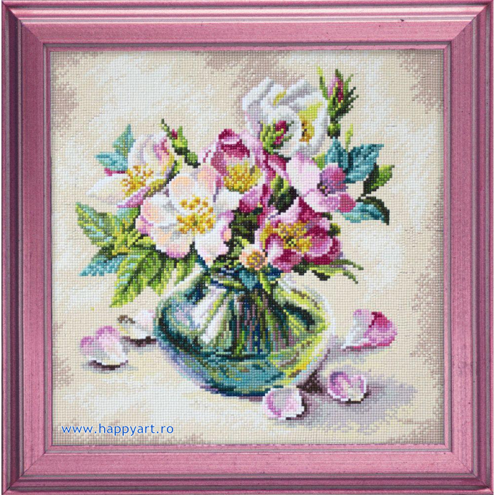 Kit goblen cu diamante, fara sasiu, Buchet de flori roz, 38X38 cm, diamante patrate, 51 culori, nivel avansat, DE7055 [4]