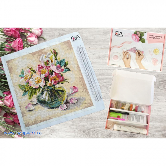 Kit goblen cu diamante, fara sasiu, Buchet de flori roz, 38X38 cm, diamante patrate, 51 culori, nivel avansat, DE7055 [6]
