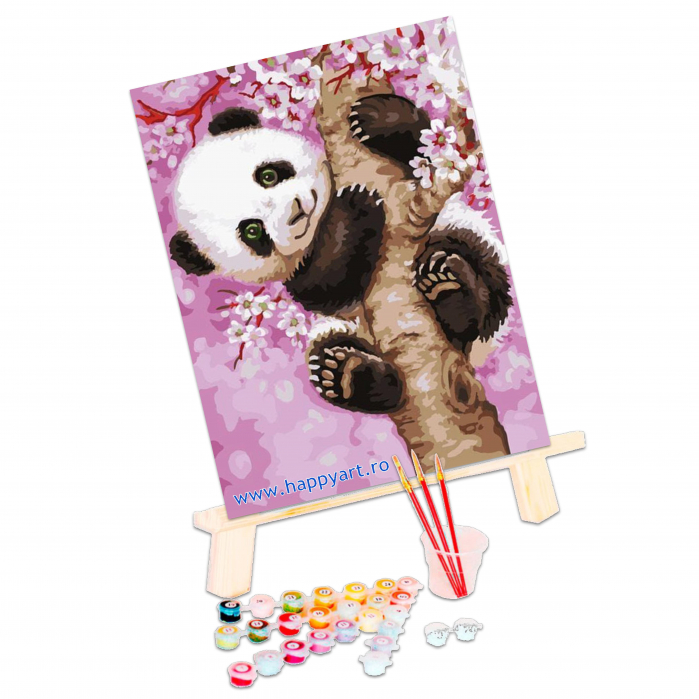 Kit pictura pe numere Panda in cires, cu sasiu, 30x40 cm, 20 culori [3]