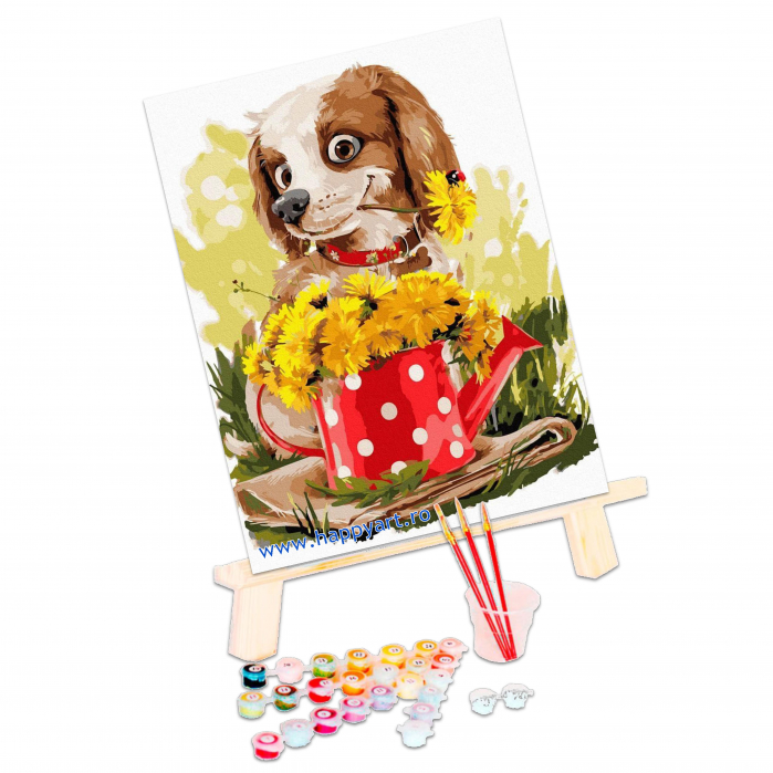 Kit pictura pe numere Catelusul si papadia, cu sasiu, 30x40 cm, 24 culori [3]