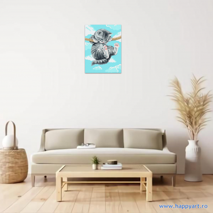 Kit pictura pe numere Pisicuta acrobata, cu sasiu, 30x40 cm, 14 culori [2]