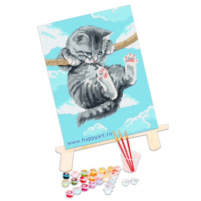 Kit pictura pe numere Pisicuta acrobata, cu sasiu, 30x40 cm, 14 culori [3]