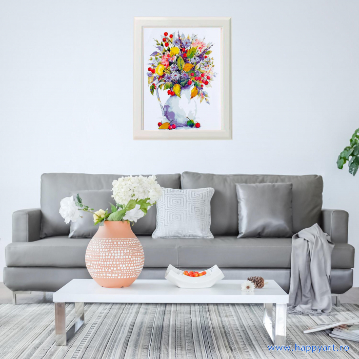 Kit pictura pe numere, cu sasiu, Buchet cu papadie si fructe de padure, 40X50 cm, 24 culori, nivel avansat, MG2059 [3]