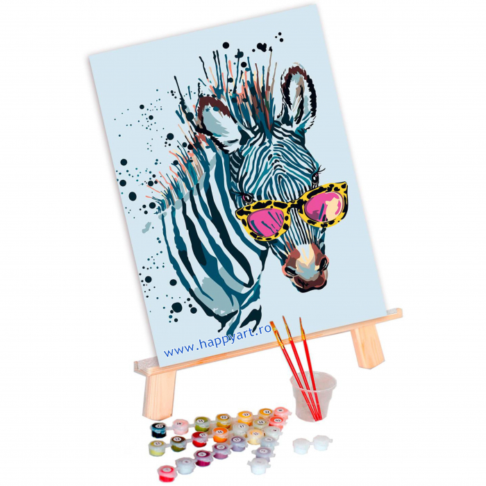 Kit pictura pe numere, cu sasiu, Zebra cu ochelari, 30X40 cm, 21 culori, nivel avansat, ME1114 [2]