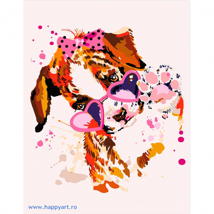 Kit pictura pe numere, cu sasiu, Catelusa cu ochelari roz, 30X40 cm, 22 culori, nivel avansat, ME1117 [1]
