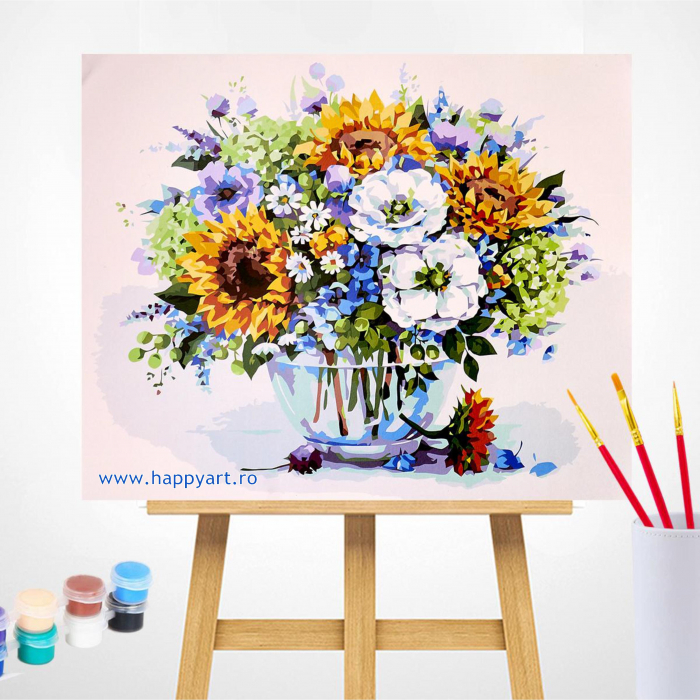 Kit pictura pe numere, cu sasiu, Buchet de vara cu floarea soarelui, 40X50 cm, 30 culori, nivel avansat, MG2182 [2]