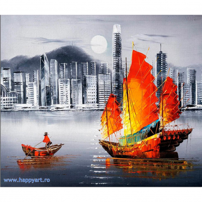 Kit pictura pe numere, cu sasiu, Hong Kong noaptea, 40X50 cm, 24 culori, nivel avansat, MG2164 [1]