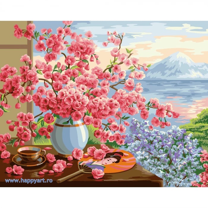 Kit pictura pe numere, cu sasiu, Flori de cires in buchet, 40X50 cm, 24 culori, nivel mediu, B072 [1]