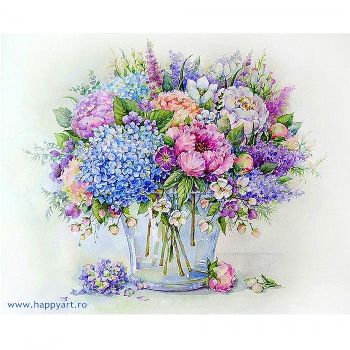 Kit pictura pe numere, cu sasiu, Buchet de vara cu hortensie albastra, 40X50 cm, 30 culori, nivel avansat, MG2181 [1]