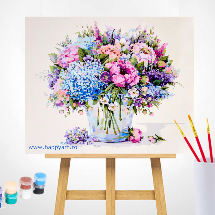 Kit pictura pe numere, cu sasiu, Buchet de vara cu hortensie albastra, 40X50 cm, 30 culori, nivel avansat, MG2181 [2]