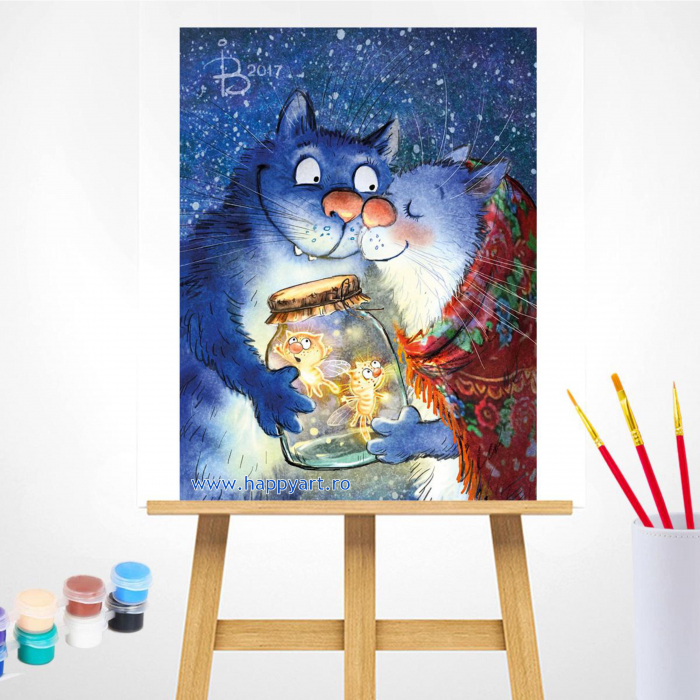 Kit pictura pe numere, cu sasiu, Pisici - Iubire cu licurici, 30X40 cm, 30 culori, nivel avansat, ME1134 [2]