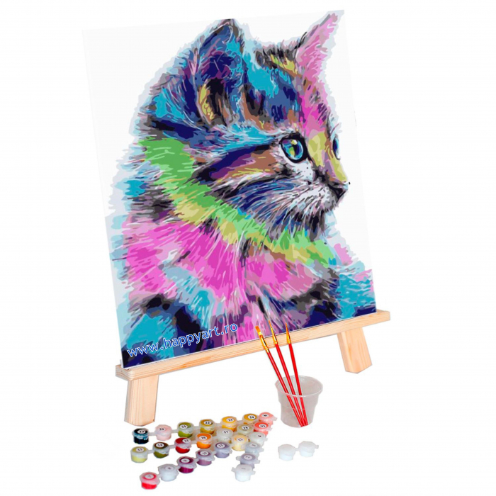 Kit pictura pe numere, cu sasiu, Pisoi colorat, 40X50 cm, 24 culori, nivel avansat, MG2077 [2]