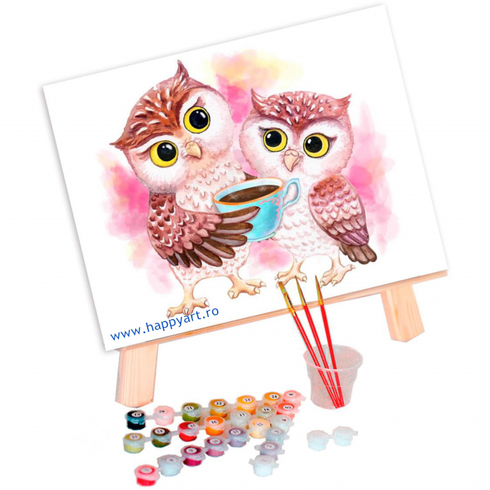 Kit pictura pe numere, cu sasiu, Bufnite dragute, 30X40 cm, 25 culori, nivel avansat, ME1125 [2]