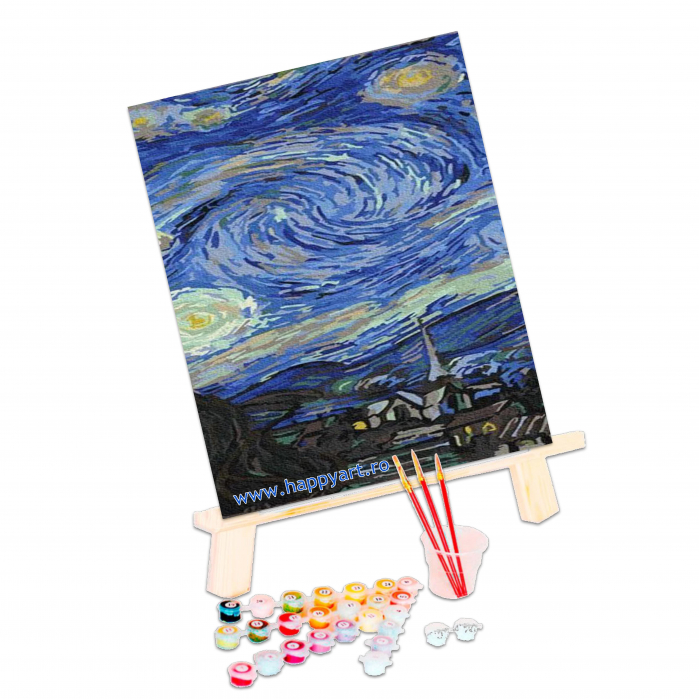 Kit pictura pe numere Noapte instelata de Van Gogh, triptic, cu sasiu, 50X120 cm, 36 culori [3]