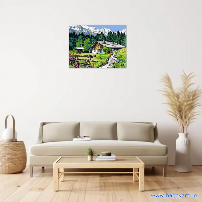 Kit pictura pe numere Cabana din munti, cu sasiu, 30x40 cm, 16 culori [2]