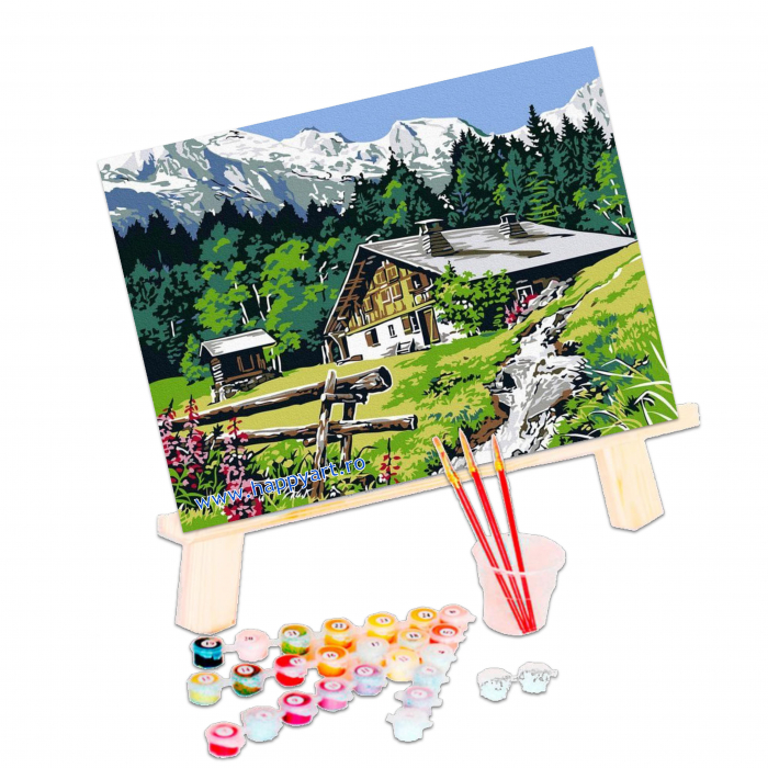 Kit pictura pe numere Cabana din munti, cu sasiu, 30x40 cm, 16 culori [3]