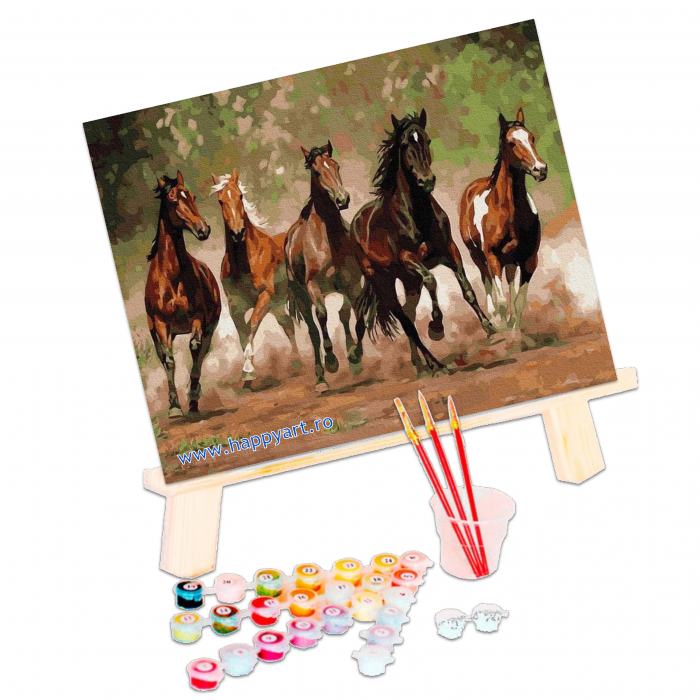 Kit pictura pe numere Cai in galop, cu sasiu, 50x65 cm, 28 culori [3]
