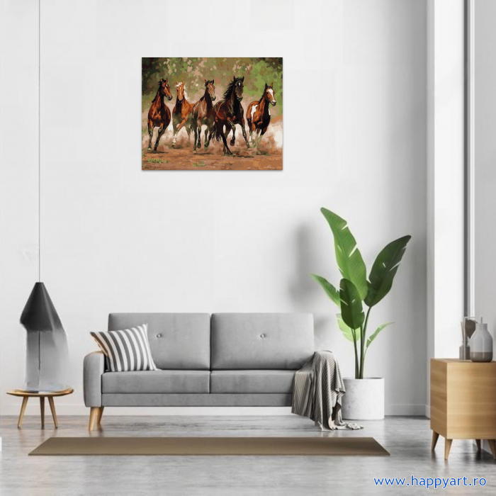 Kit pictura pe numere Cai in galop, cu sasiu, 50x65 cm, 28 culori [2]